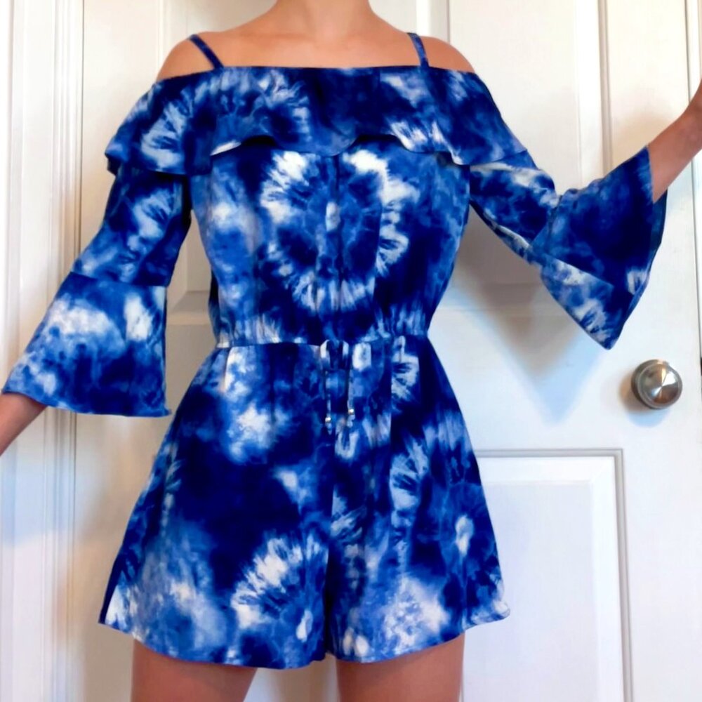iZ Byer Girls XL(16) Blue and White Tie-Dyed Ruffled Off-Shoulder Romper
